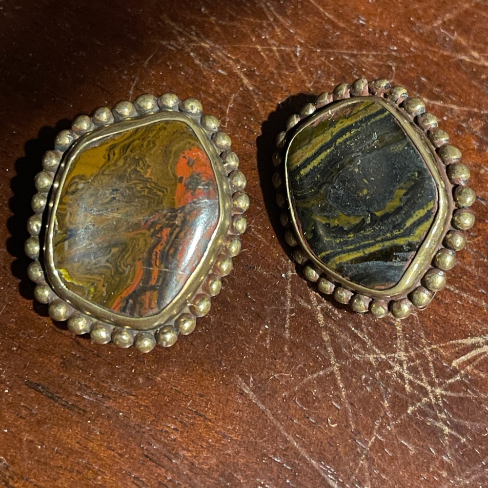 Vintage Stephen Dweck Jasper/Bronze Bezel Earring ClipOn Boho Signed Designer